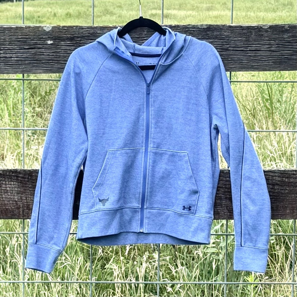Under Armour Project Rock Full Zip Hoodie Blue Brahma Bull 1346820 Womens Medium